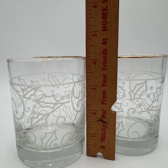 Vtg Libbey DOF Glasses Clear White Holly Gold Rim Rocks Double Old Fashoned S/2 - Picture 5 of 6